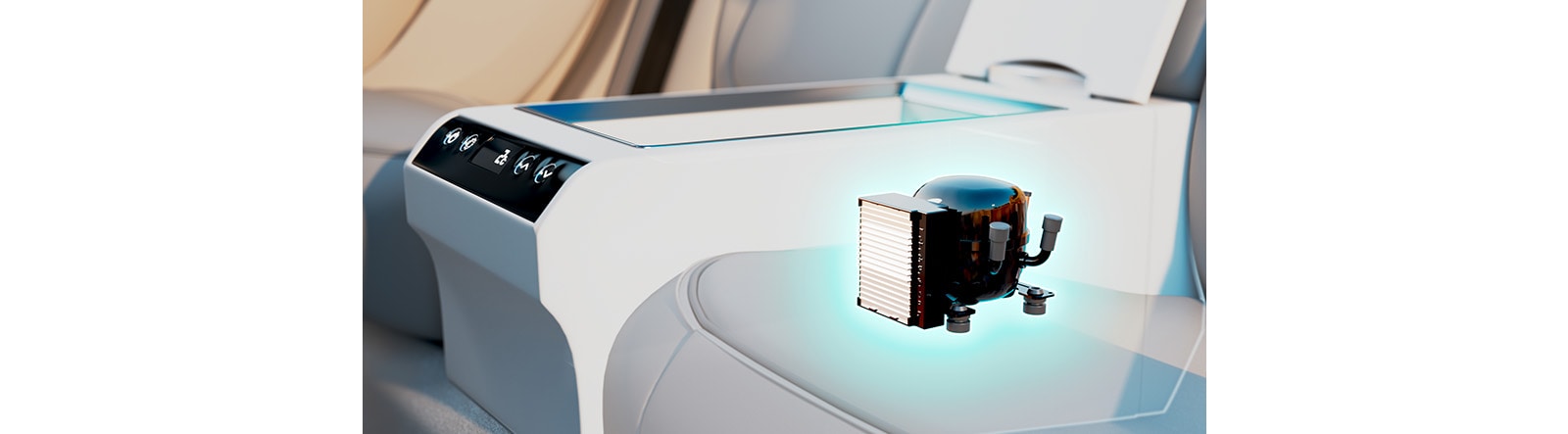 LG's reciprocating compressor is visible through the refrigerator in the car's backseat.